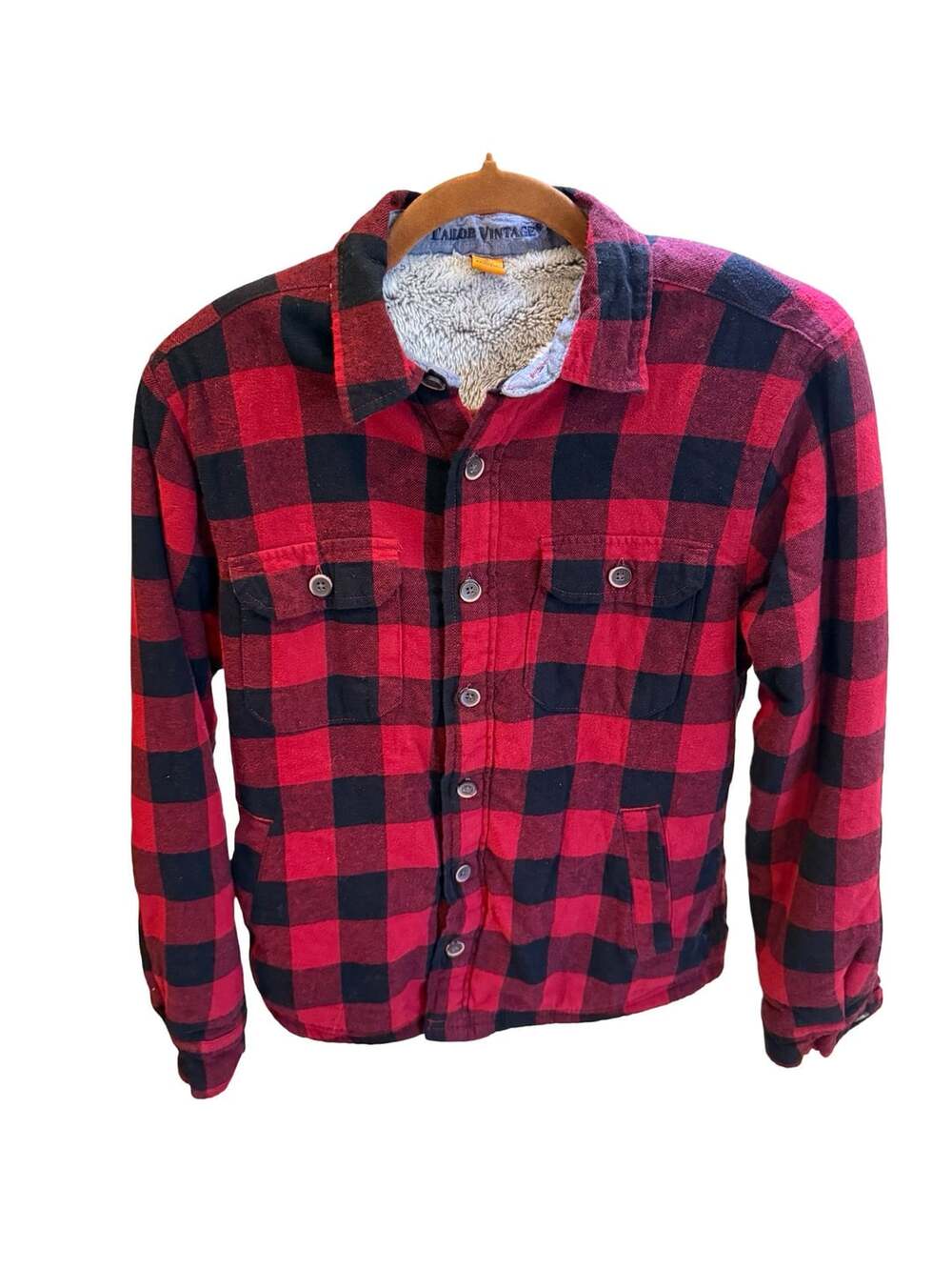 Tailor Vintage Men's Red / Black Plaid Sherpa Lined Flannel Shirt Jacket size S